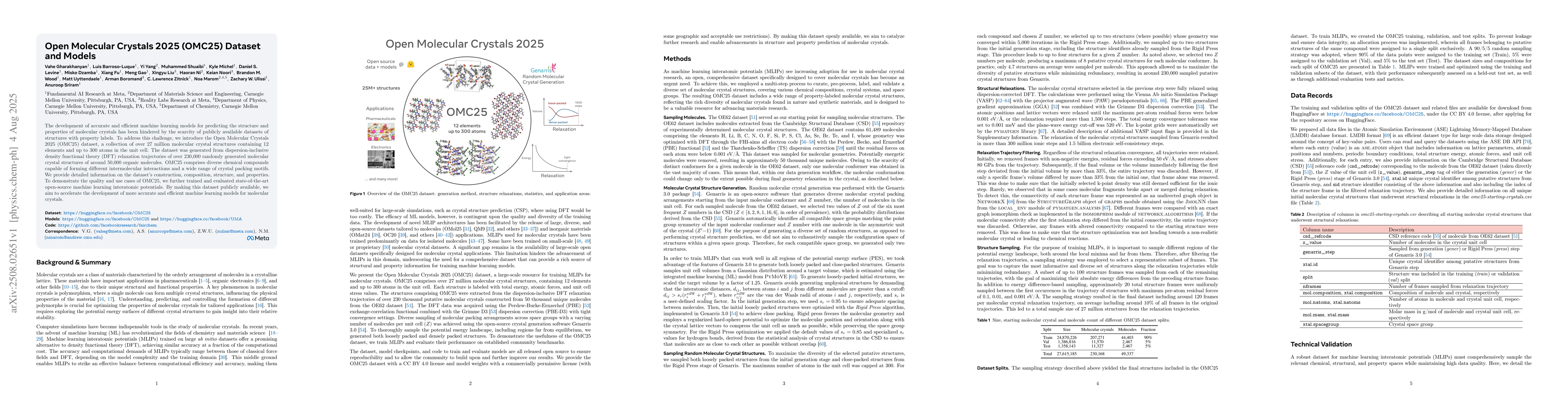 Thumbnail for Open Molecular Crystals 2025 (OMC25) Dataset and Models