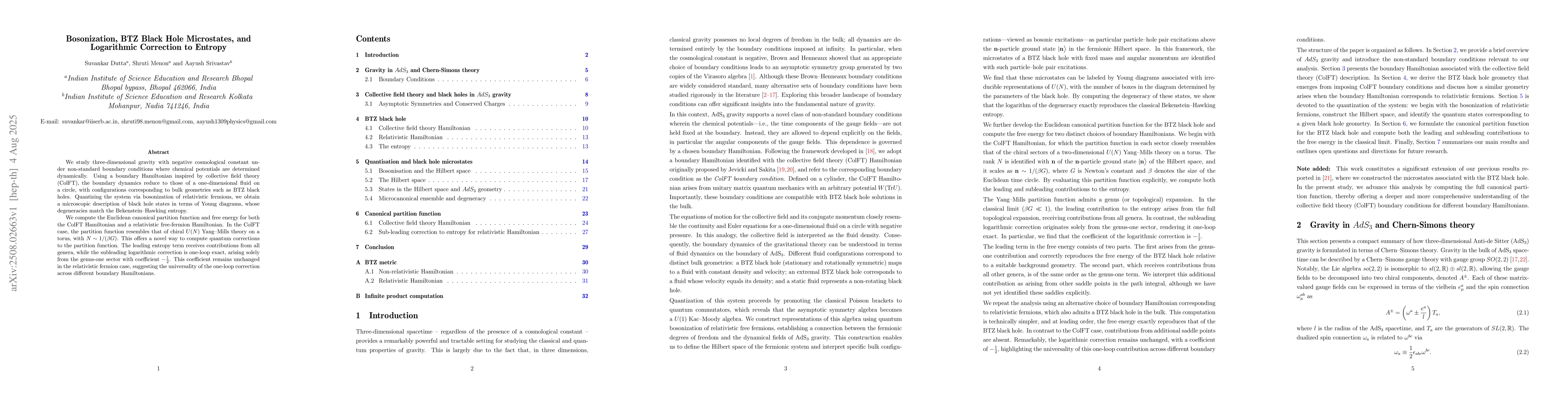 Thumbnail for Bosonization, BTZ Black Hole Microstates, and Logarithmic Correction to
  Entropy