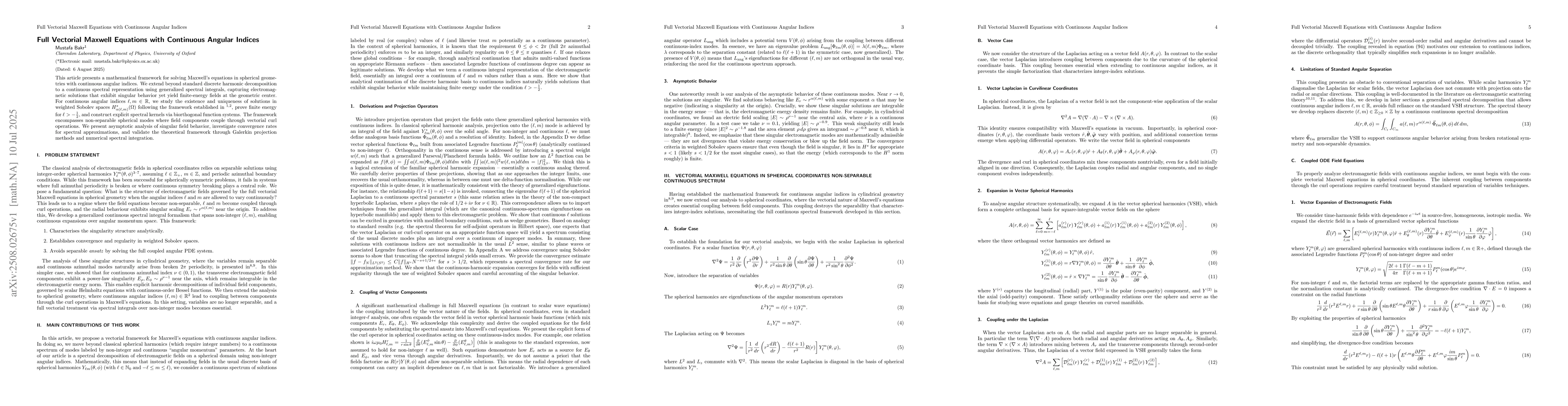 Thumbnail for Full Vectorial Maxwell Equations with Continuous Angular Indices