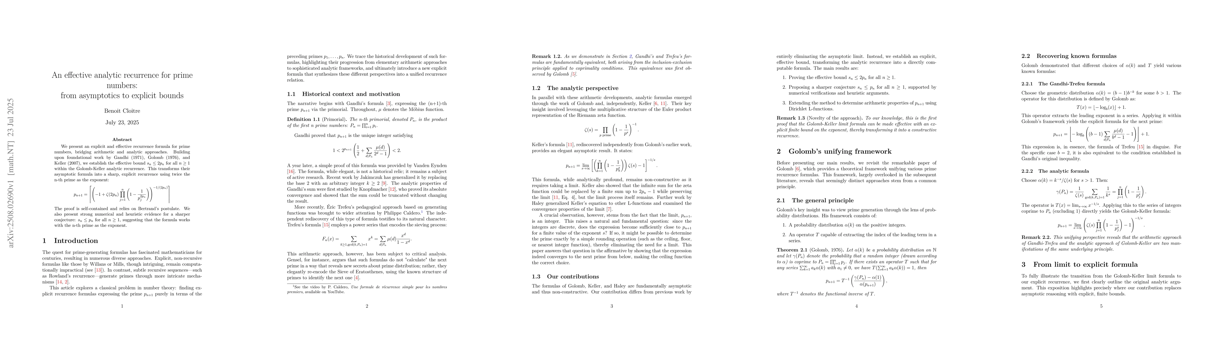 Thumbnail for An effective analytic recurrence for prime numbers: from asymptotics to
  explicit bounds