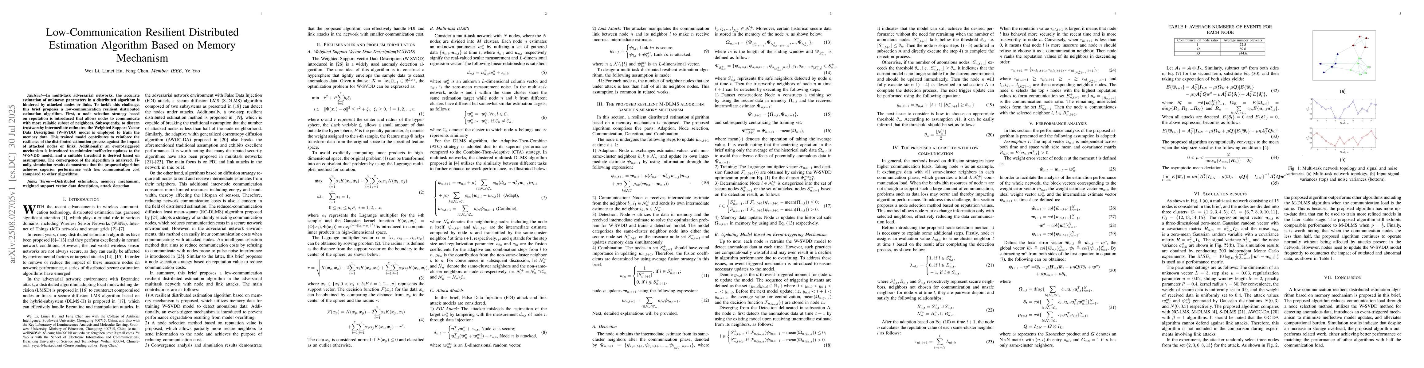 Thumbnail for Low-Communication Resilient Distributed Estimation Algorithm Based on
  Memory Mechanism