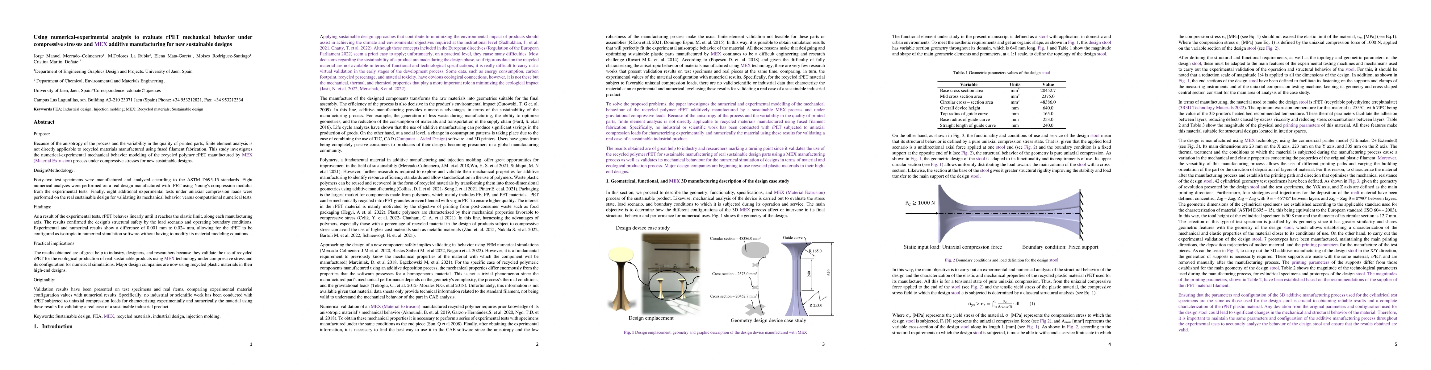 Thumbnail for Using numerical-experimental analysis to evaluate rPET mechanical
  behavior under compressive stresses and FFF additive manufacturing for new
  sustainable designs