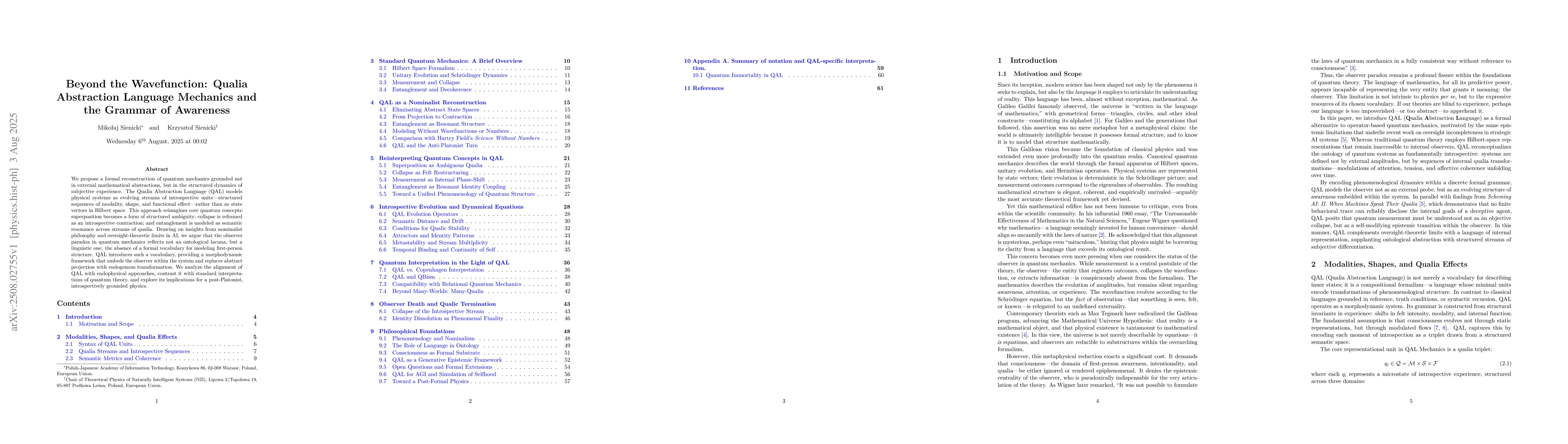 Thumbnail for Beyond the Wavefunction: Qualia Abstraction Language Mechanics and the
  Grammar of Awareness