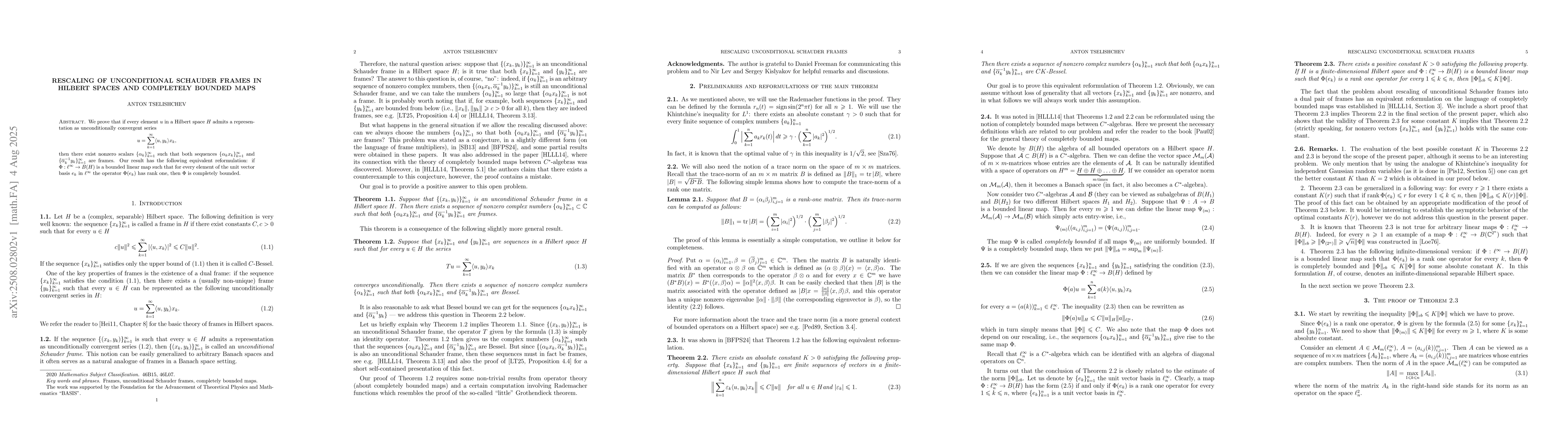 Thumbnail for Rescaling of unconditional Schauder frames in Hilbert spaces and
  completely bounded maps