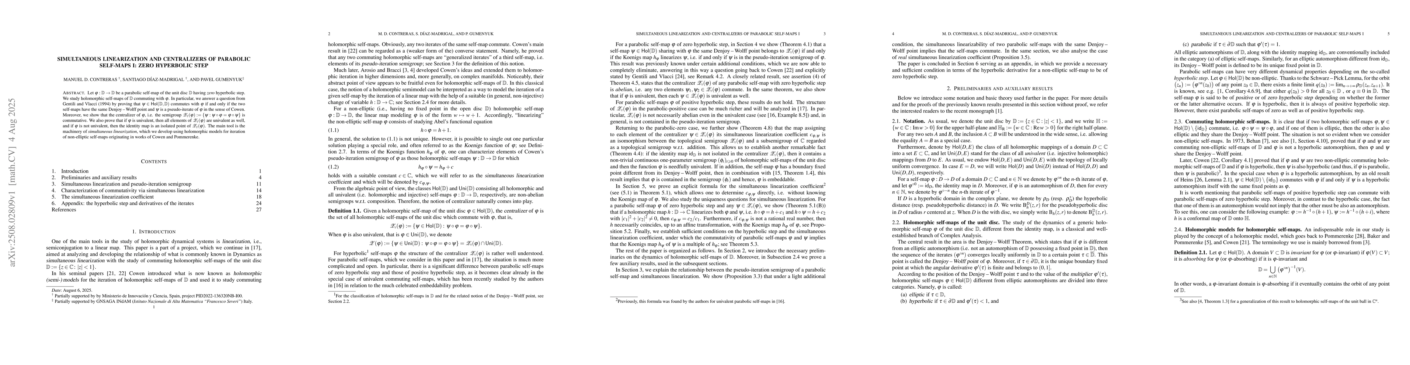 Thumbnail for Simultaneous linearization and centralizers of parabolic self-maps I:
  zero hyperbolic step