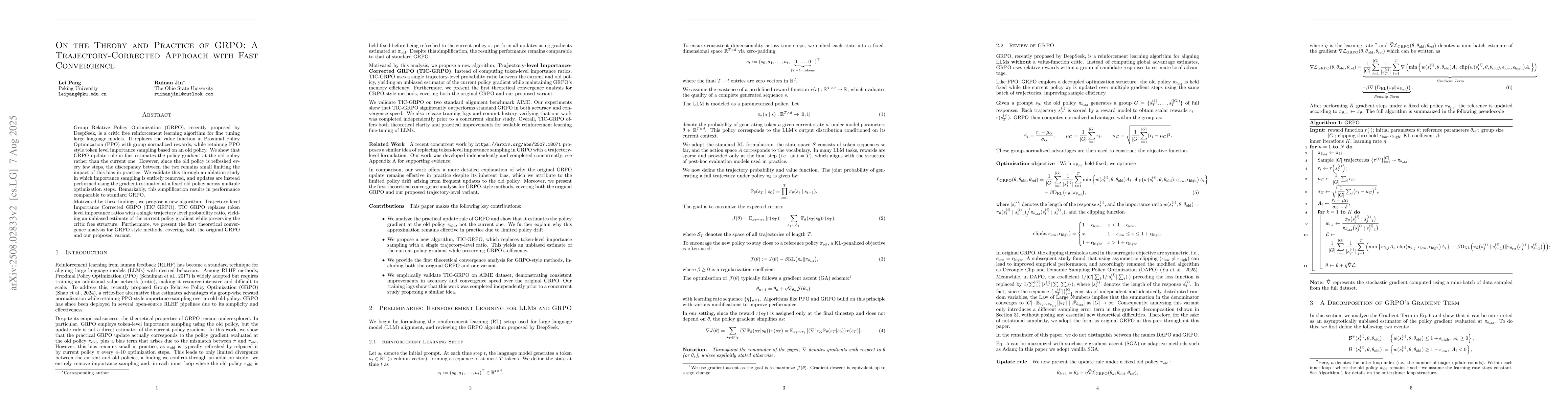 Thumbnail for On the Theory and Practice of GRPO: A Trajectory-Corrected Approach with
  Fast Convergence