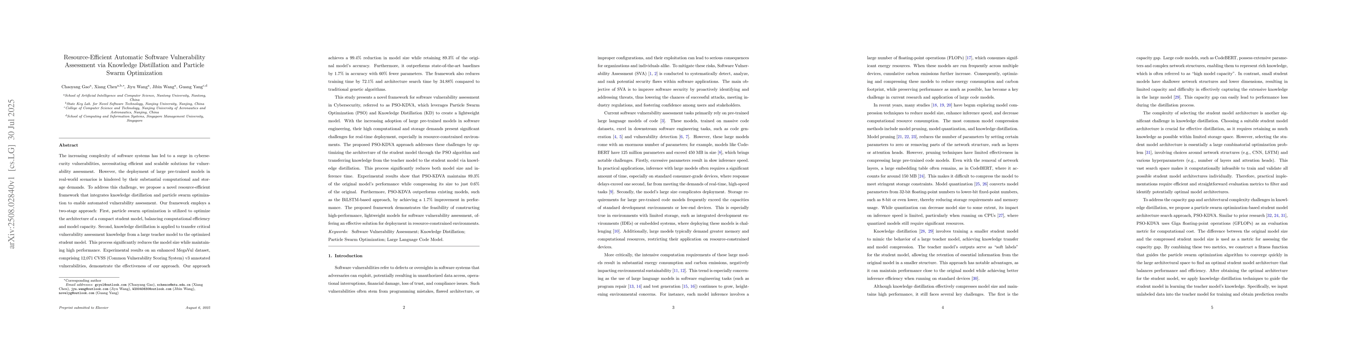 Thumbnail for Resource-Efficient Automatic Software Vulnerability Assessment via
  Knowledge Distillation and Particle Swarm Optimization