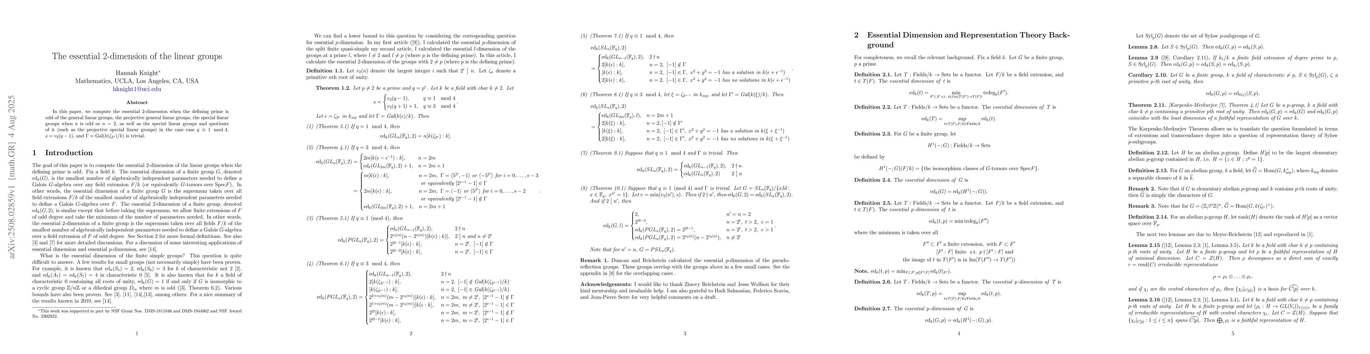 Thumbnail for The essential $2$-dimension of the linear groups