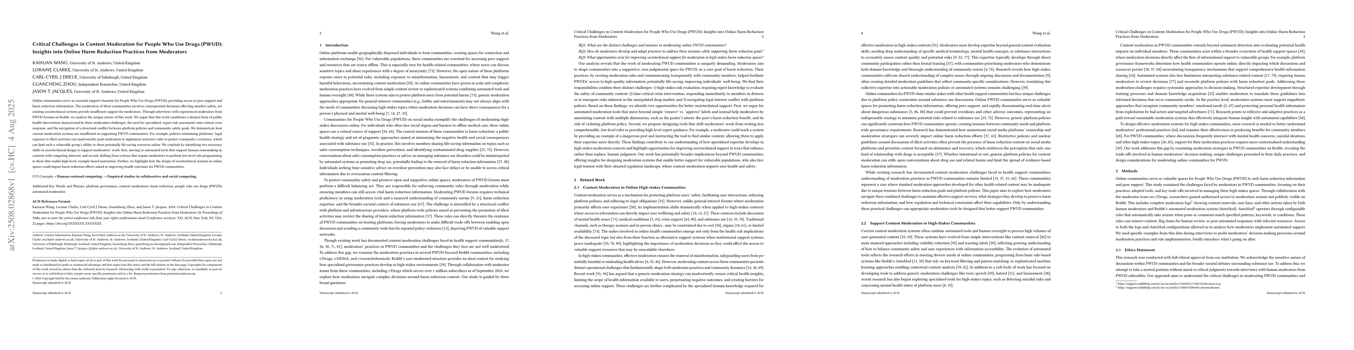 Thumbnail for Critical Challenges in Content Moderation for People Who Use Drugs
  (PWUD): Insights into Online Harm Reduction Practices from Moderators