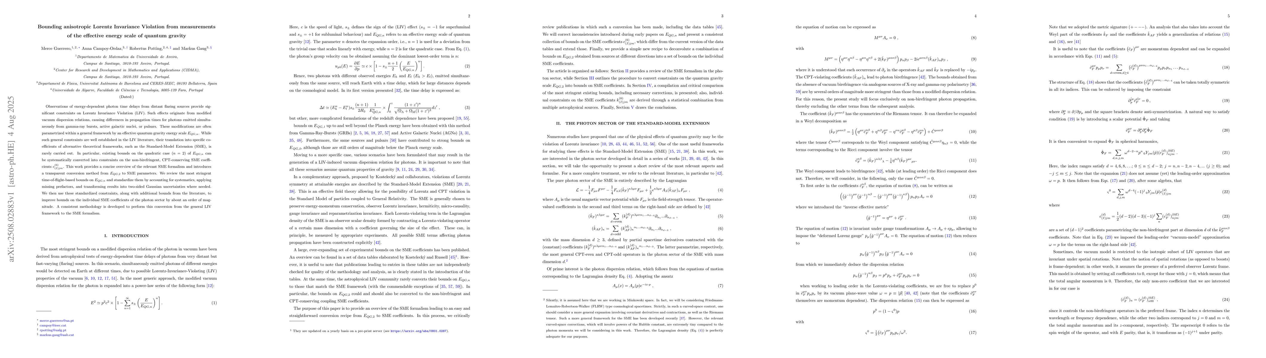 Thumbnail for Bounding anisotropic Lorentz Invariance Violation from measurements of
  the effective energy scale of quantum gravity