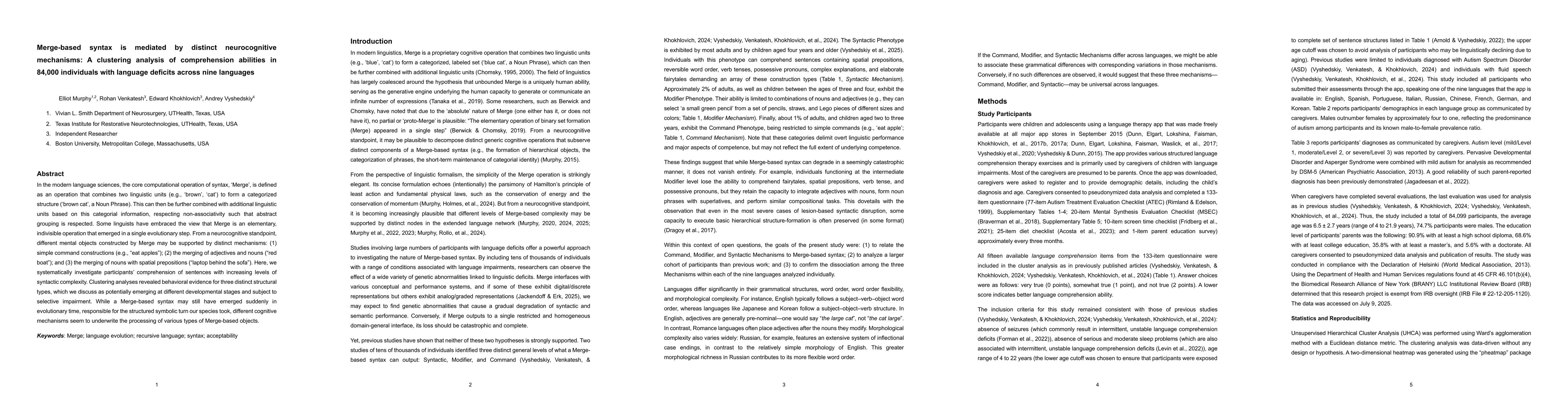 Thumbnail for Merge-based syntax is mediated by distinct neurocognitive mechanisms: A
  clustering analysis of comprehension abilities in 84,000 individuals with
  language deficits across nine languages