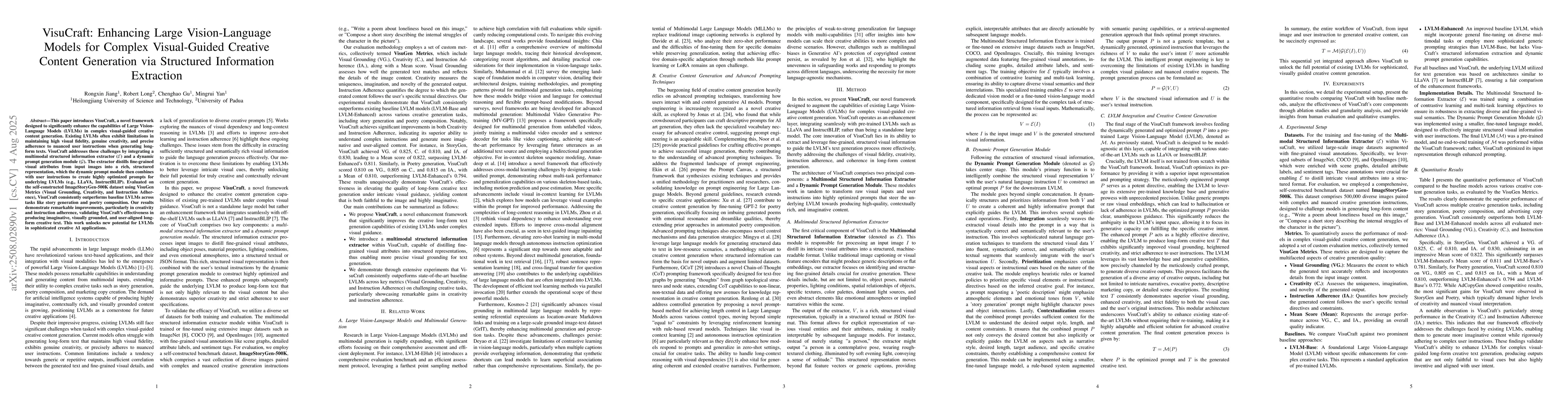 Thumbnail for VisuCraft: Enhancing Large Vision-Language Models for Complex
  Visual-Guided Creative Content Generation via Structured Information
  Extraction