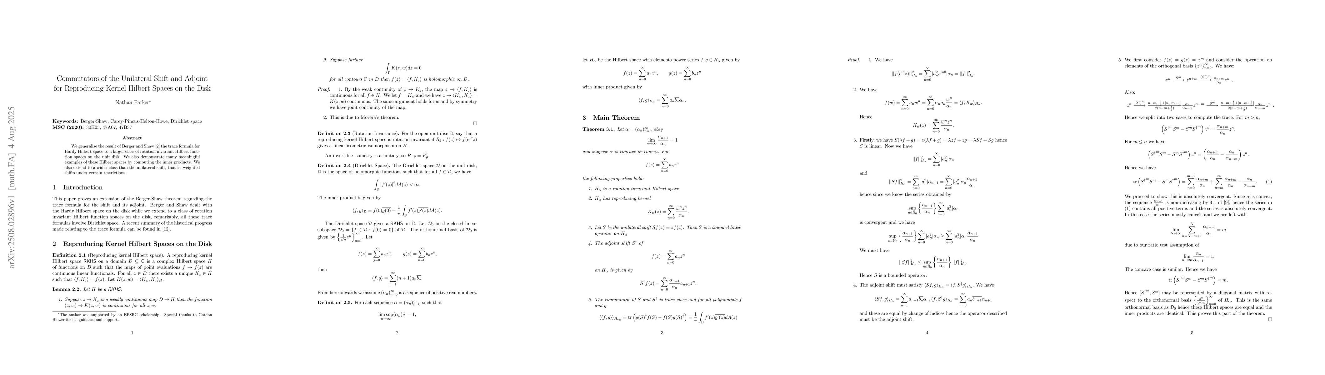 Thumbnail for Commutators of the Unilateral Shift and Adjoint for Reproducing Kernel
  Hilbert Spaces on the Disk