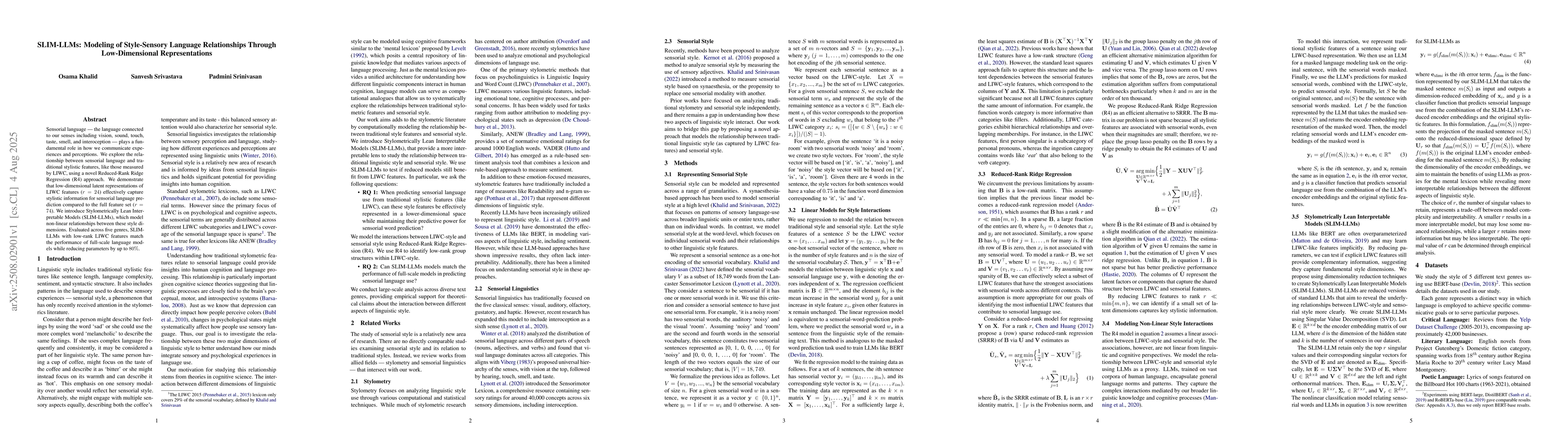 Thumbnail for SLIM-LLMs: Modeling of Style-Sensory Language RelationshipsThrough
  Low-Dimensional Representations
