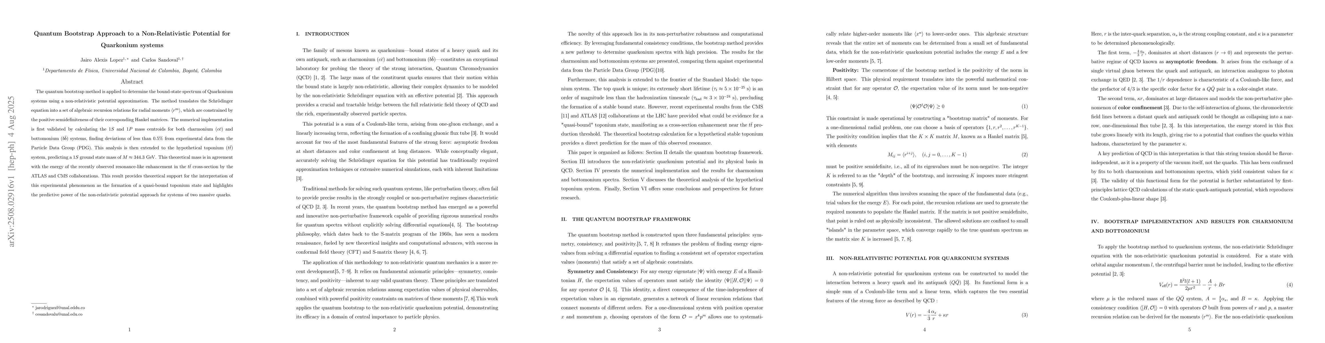 Thumbnail for Quantum Bootstrap Approach to a Non-Relativistic Potential for
  Quarkonium systems