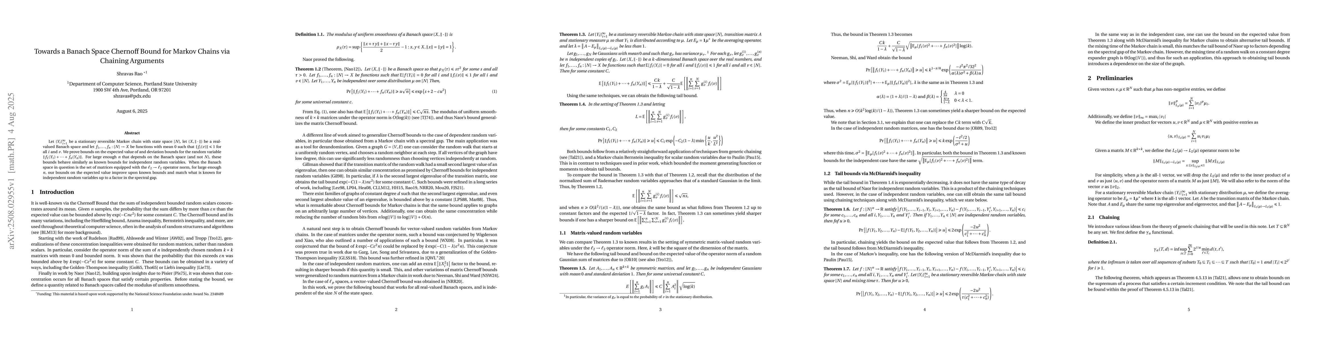 Thumbnail for Towards a Banach Space Chernoff Bound for Markov Chains via Chaining
  Arguments