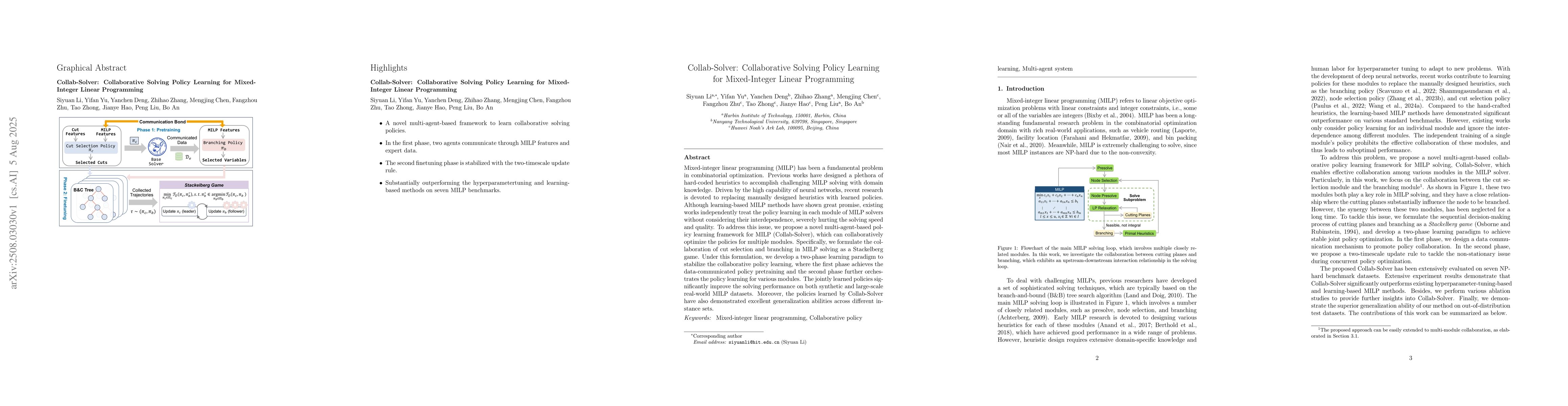 Thumbnail for Collab-Solver: Collaborative Solving Policy Learning for Mixed-Integer
  Linear Programming