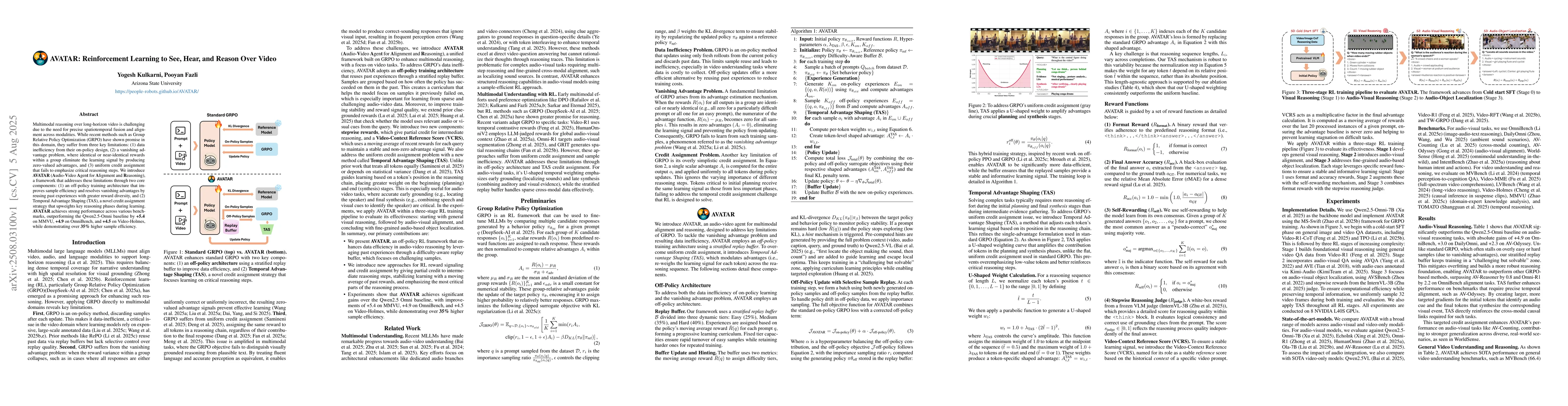 Thumbnail for AVATAR: Reinforcement Learning to See, Hear, and Reason Over Video