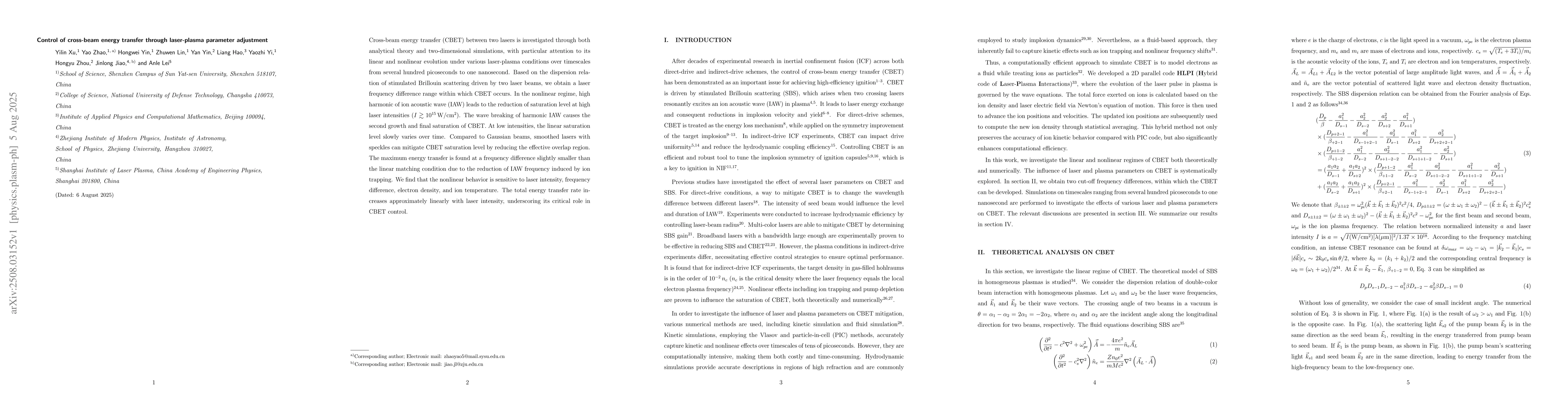 Thumbnail for Control of cross-beam energy transfer through laser-plasma parameter
  adjustment
