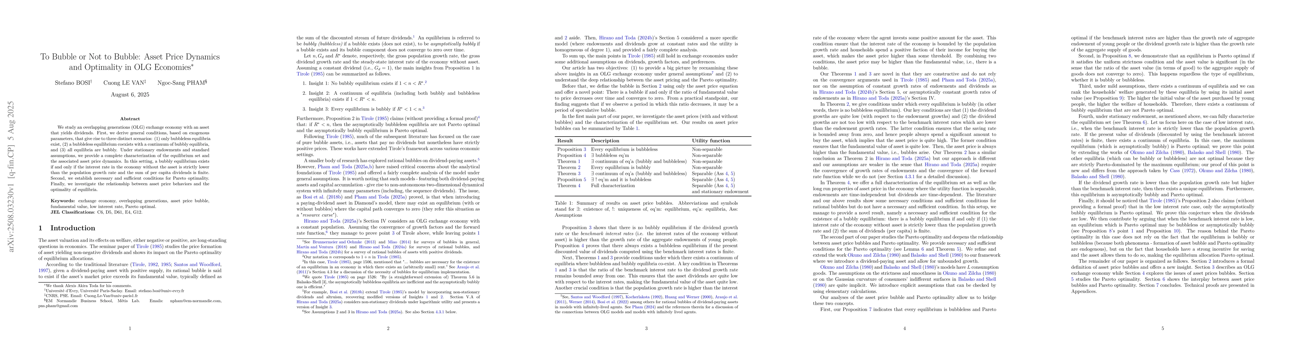 Thumbnail for To Bubble or Not to Bubble: Asset Price Dynamics and Optimality in OLG
  Economies