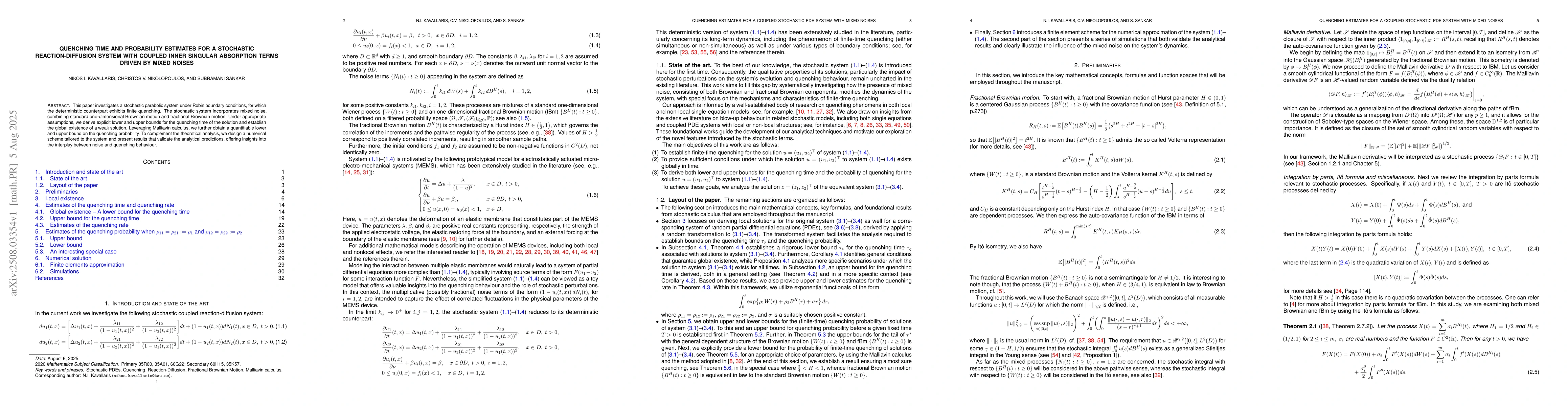 Thumbnail for Quenching time and probability estimates for a stochastic
  reaction-diffusion system with coupled inner singular absorption terms driven
  by mixed noises