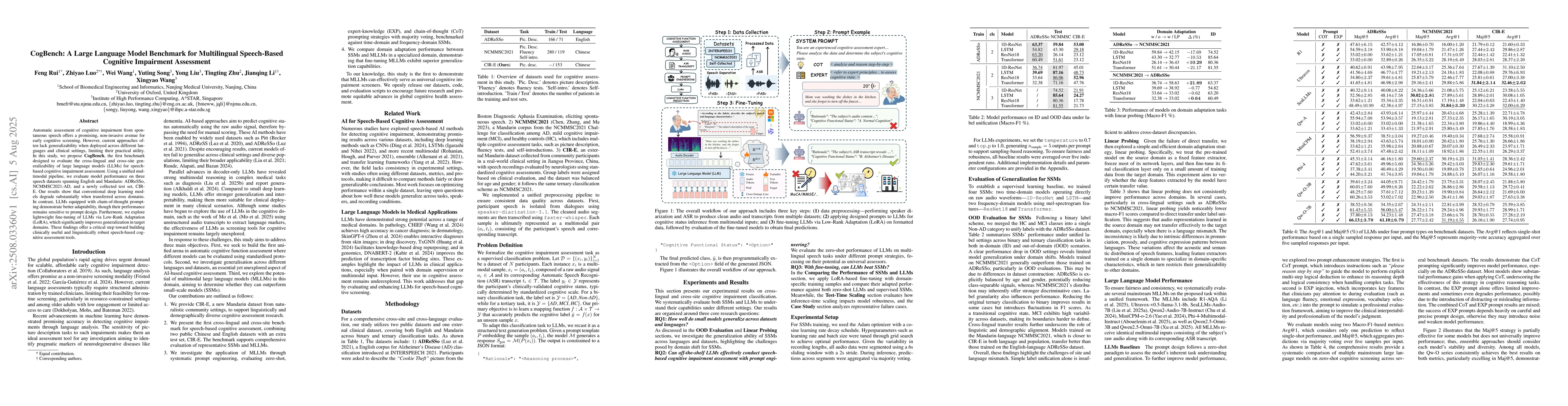Thumbnail for CogBench: A Large Language Model Benchmark for Multilingual Speech-Based
  Cognitive Impairment Assessment