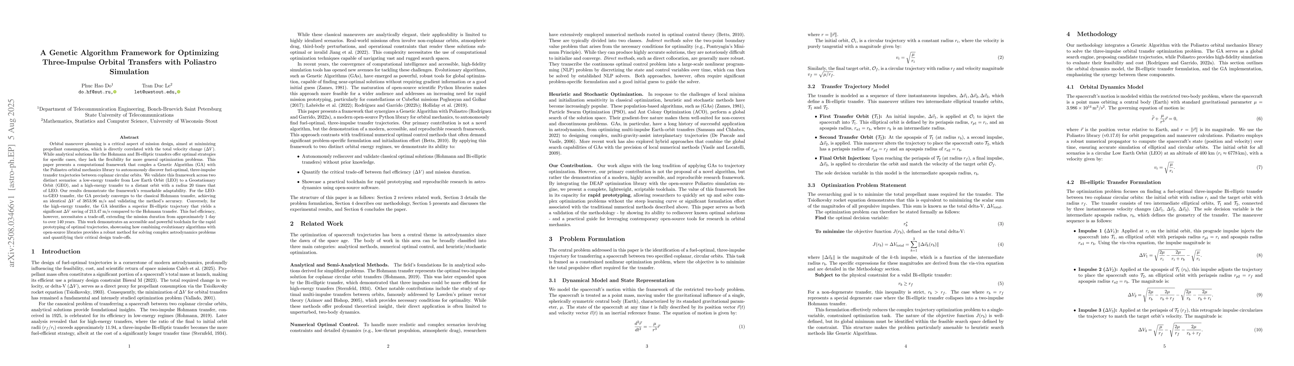 Thumbnail for A Genetic Algorithm Framework for Optimizing Three-Impulse Orbital
  Transfers with Poliastro Simulation