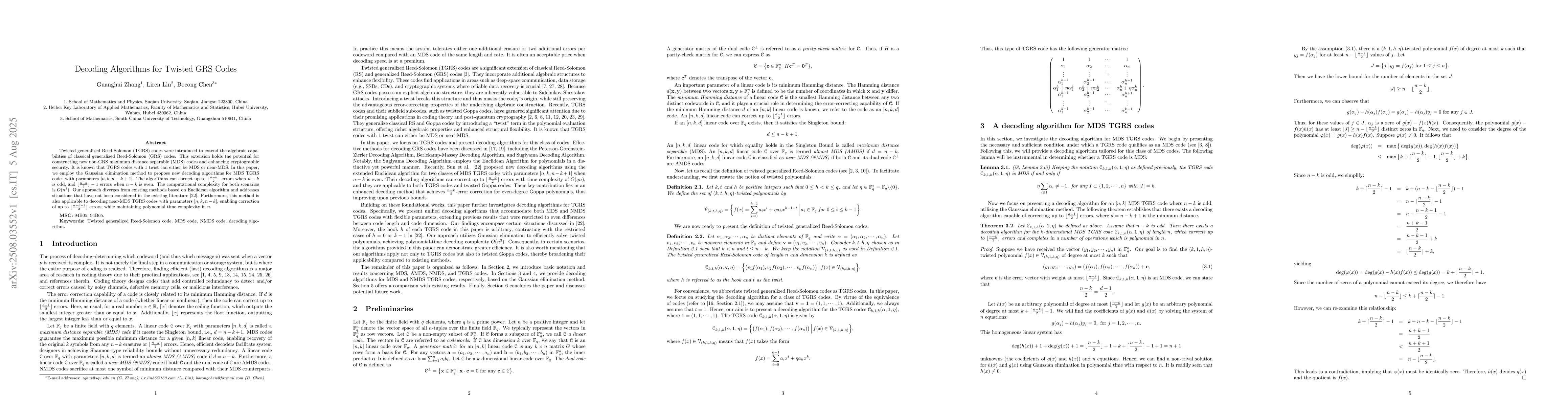 Thumbnail for Decoding Algorithms for Twisted GRS Codes