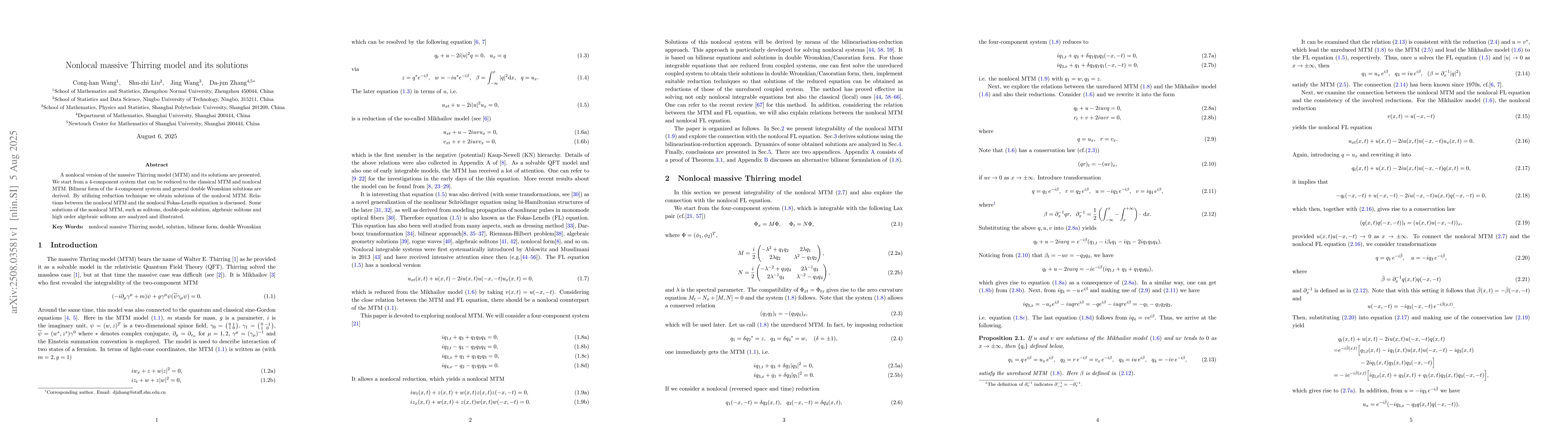 Thumbnail for Nonlocal massive Thirring model and its solutions