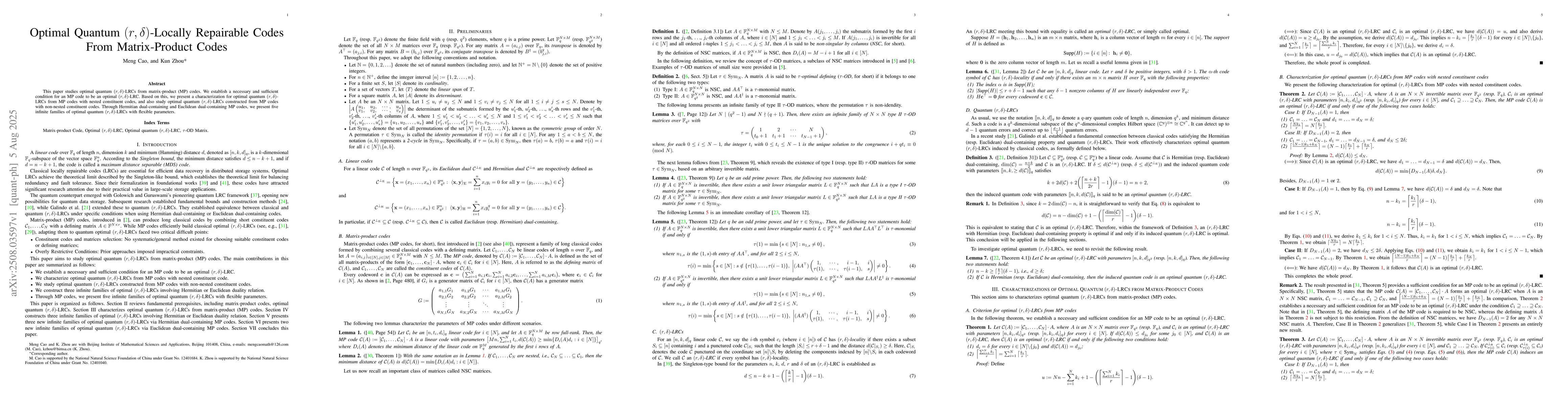 Thumbnail for Optimal Quantum $(r,δ)$-Locally Repairable Codes From
  Matrix-Product Codes