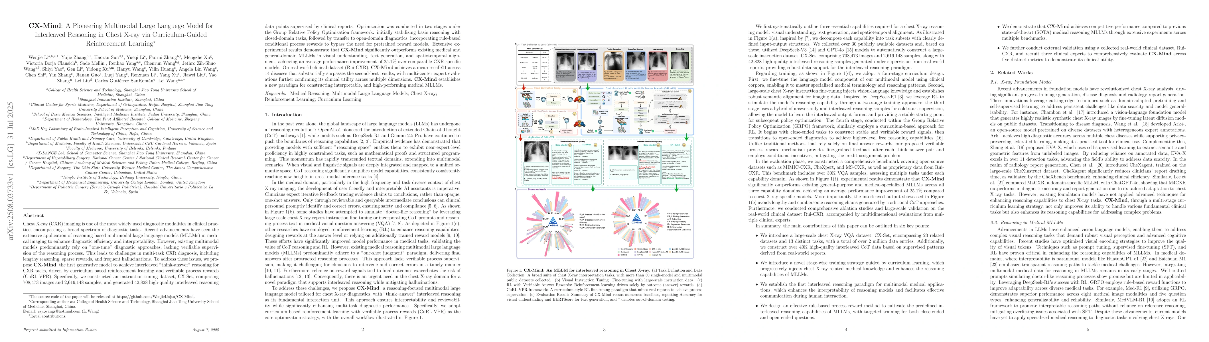 Thumbnail for CX-Mind: A Pioneering Multimodal Large Language Model for Interleaved
  Reasoning in Chest X-ray via Curriculum-Guided Reinforcement Learning