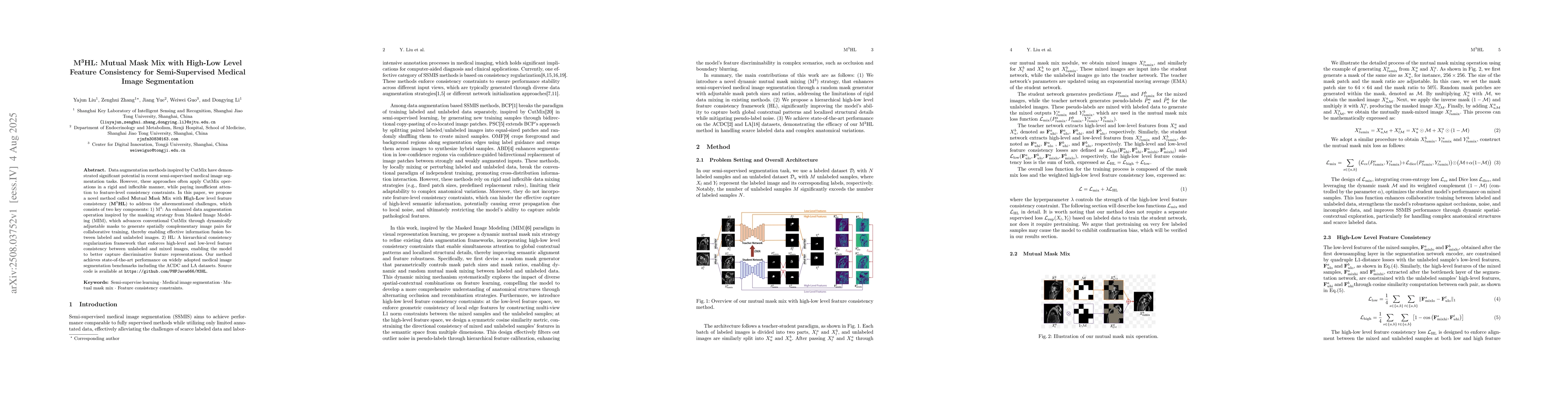 Thumbnail for M$^3$HL: Mutual Mask Mix with High-Low Level Feature Consistency for
  Semi-Supervised Medical Image Segmentation