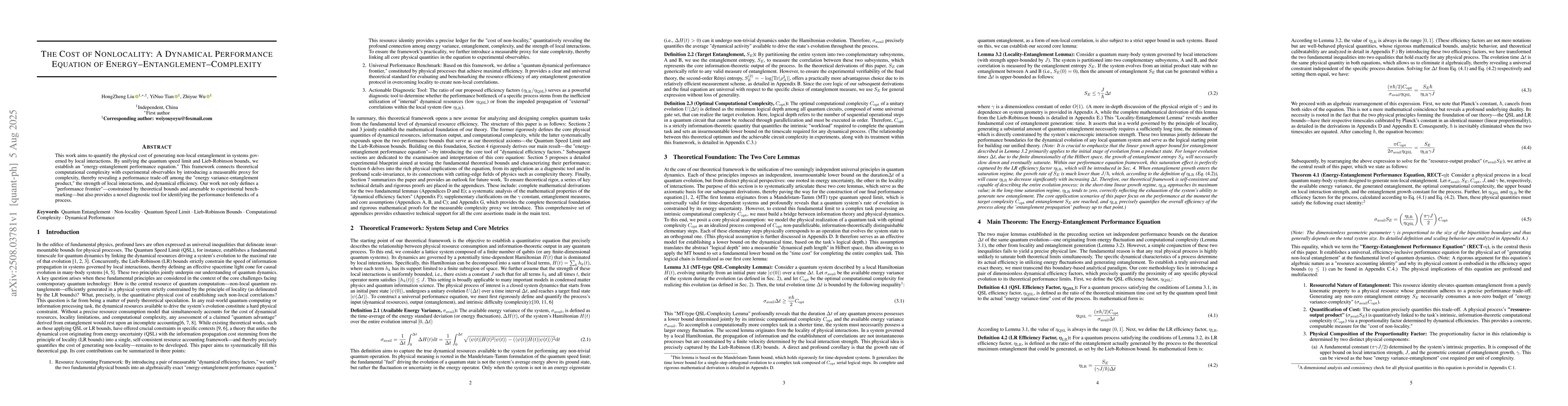 Thumbnail for The Cost of Nonlocality: A Dynamical Performance Equation of
  Energy-Entanglement-Complexity