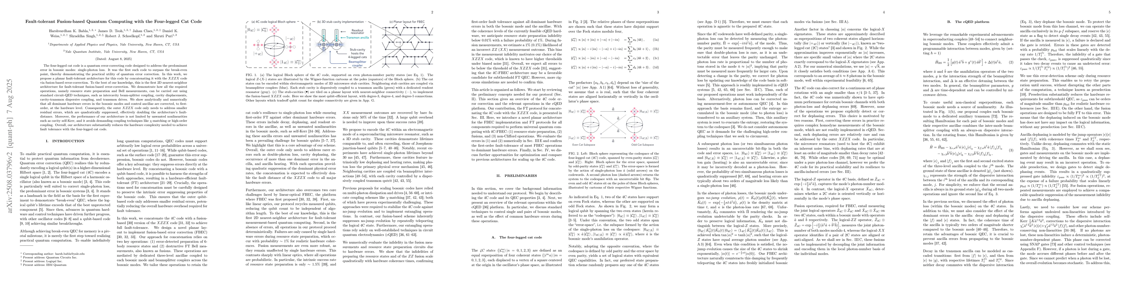 Thumbnail for Fault-tolerant Fusion-based Quantum Computing with the Four-legged Cat
  Code