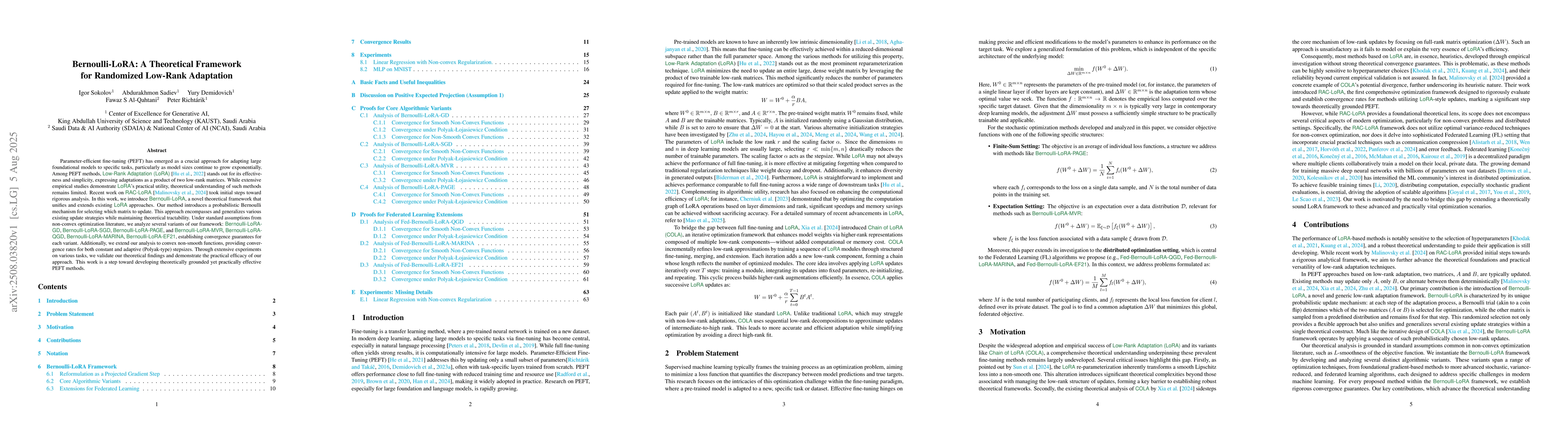 Thumbnail for Bernoulli-LoRA: A Theoretical Framework for Randomized Low-Rank
  Adaptation