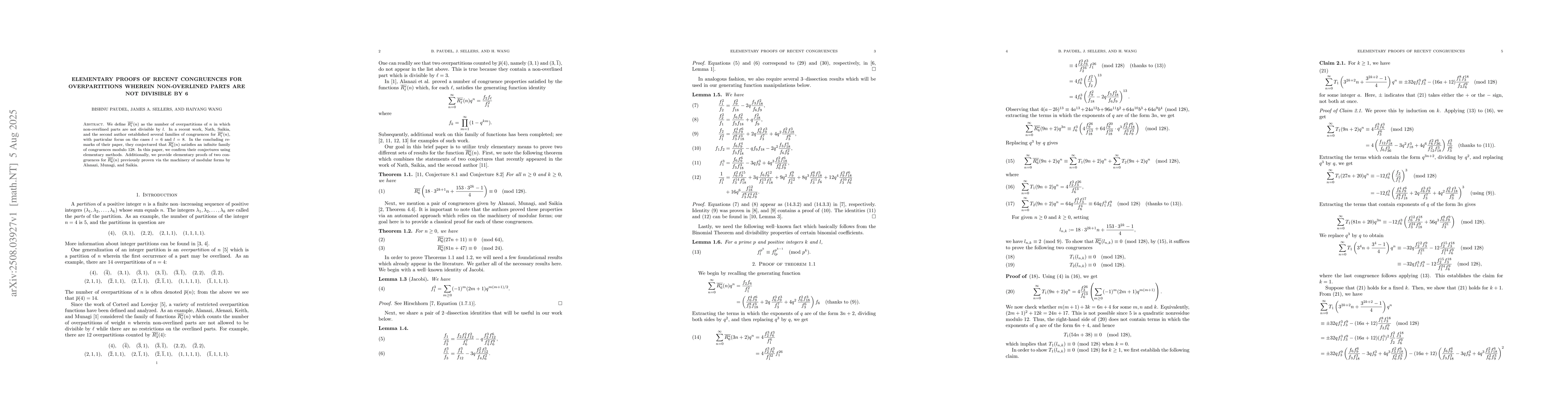 Thumbnail for Elementary Proofs of Recent Congruences for Overpartitions Wherein
  Non-Overlined Parts are Not Divisible by 6