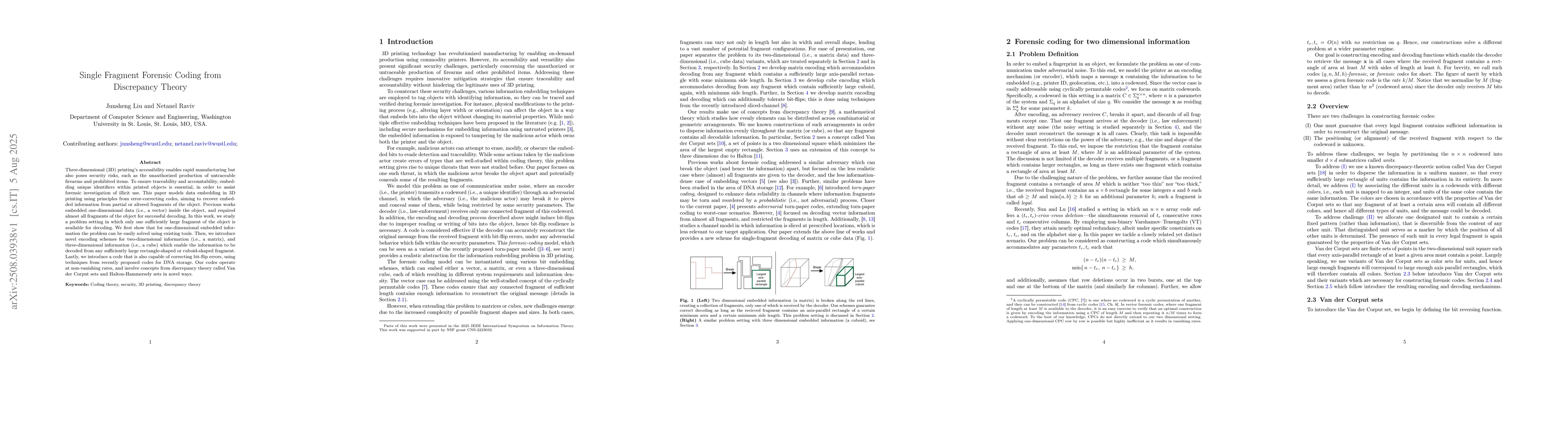 Thumbnail for Single Fragment Forensic Coding from Discrepancy Theory