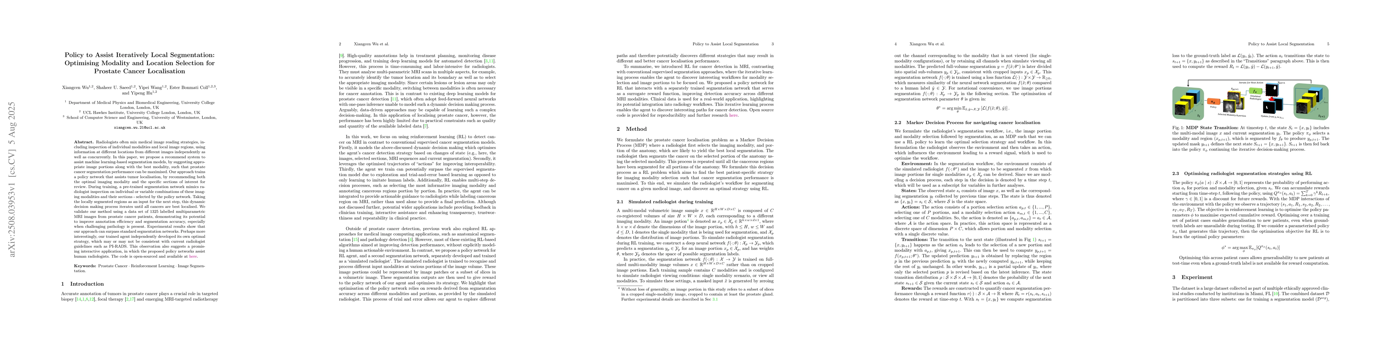 Thumbnail for Policy to Assist Iteratively Local Segmentation: Optimising Modality and
  Location Selection for Prostate Cancer Localisation