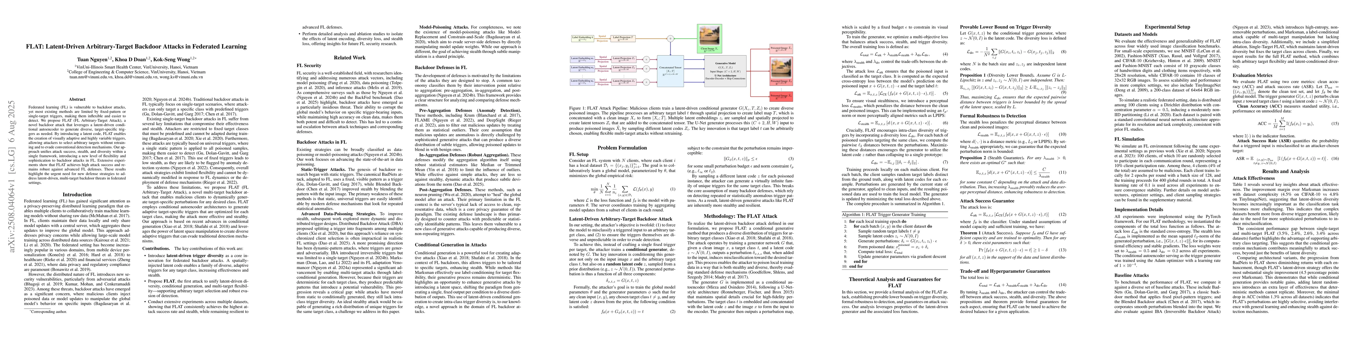 Thumbnail for FLAT: Latent-Driven Arbitrary-Target Backdoor Attacks in Federated
  Learning