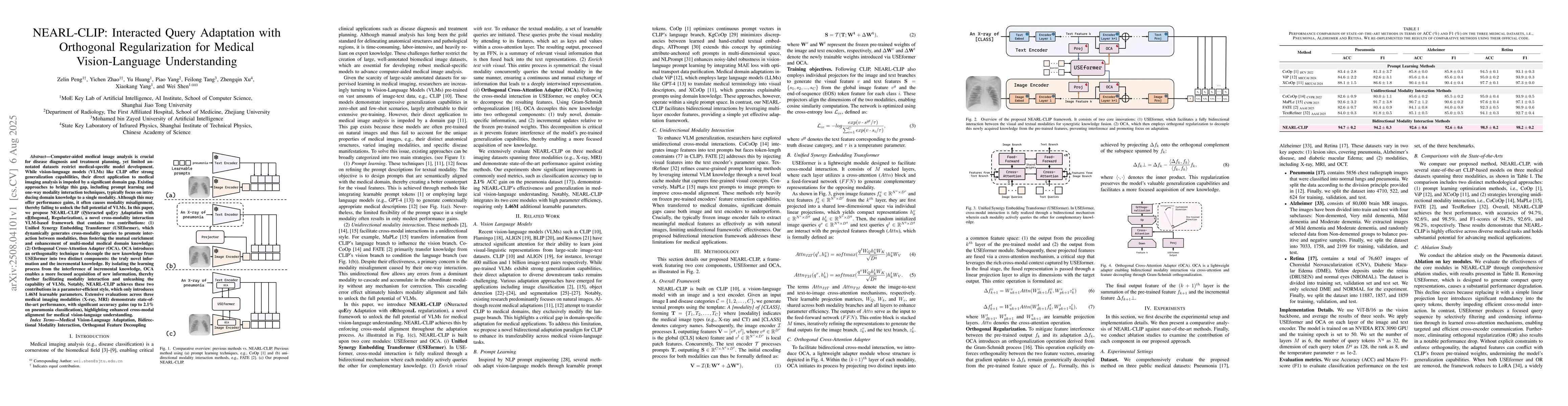 Thumbnail for NEARL-CLIP: Interacted Query Adaptation with Orthogonal Regularization
  for Medical Vision-Language Understanding