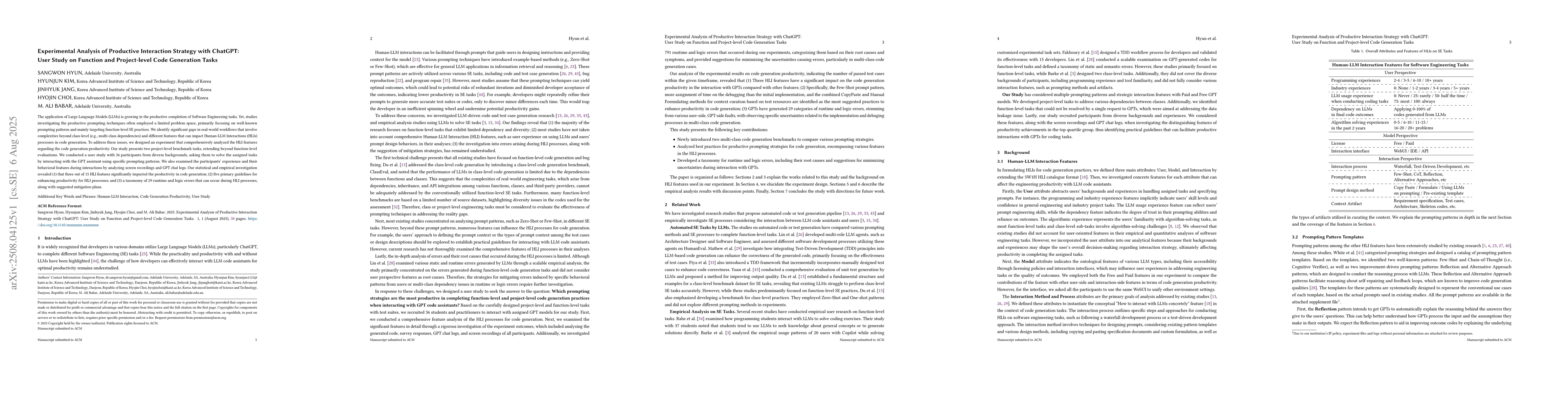 Thumbnail for Experimental Analysis of Productive Interaction Strategy with ChatGPT:
  User Study on Function and Project-level Code Generation Tasks