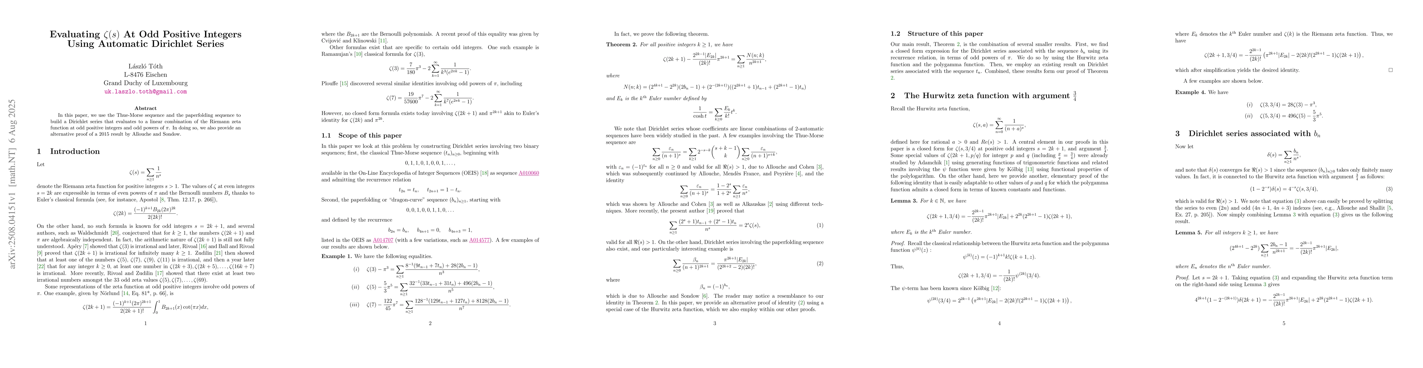 Thumbnail for Evaluating $ζ(s)$ At Odd Positive Integers Using Automatic Dirichlet
  Series