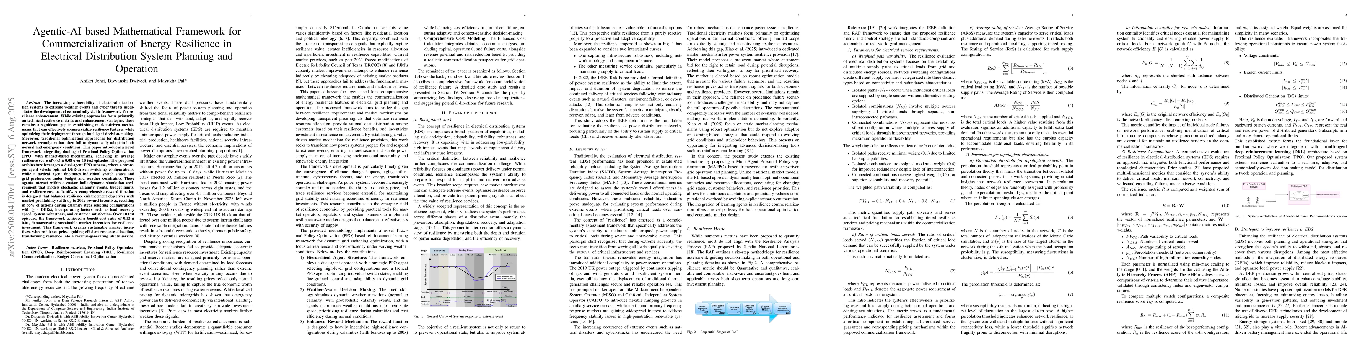 Thumbnail for Agentic-AI based Mathematical Framework for Commercialization of Energy
  Resilience in Electrical Distribution System Planning and Operation