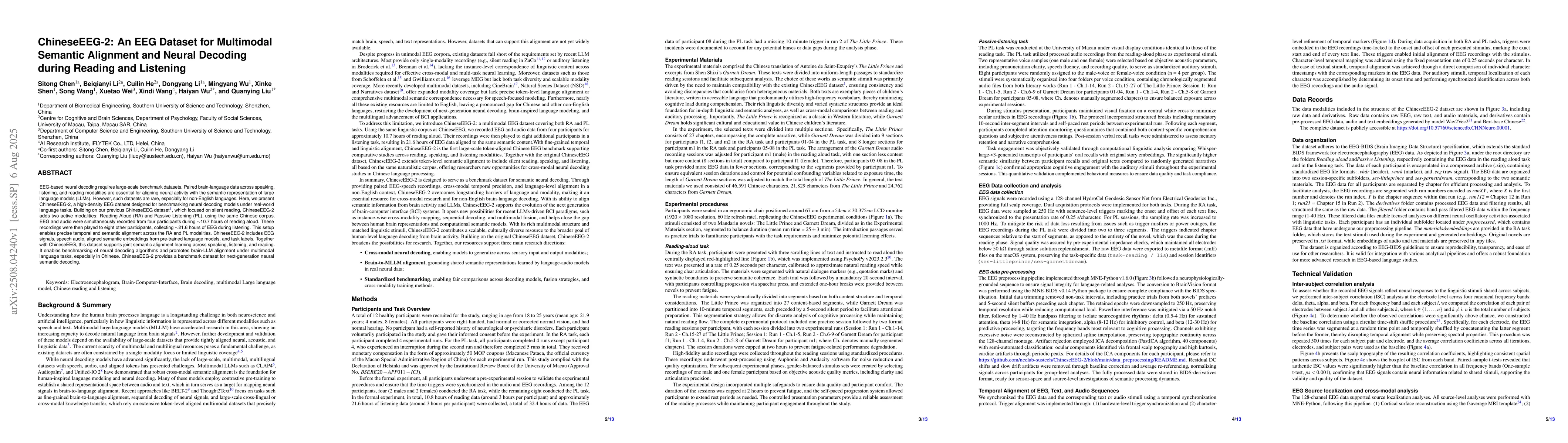 Thumbnail for ChineseEEG-2: An EEG Dataset for Multimodal Semantic Alignment and
  Neural Decoding during Reading and Listening