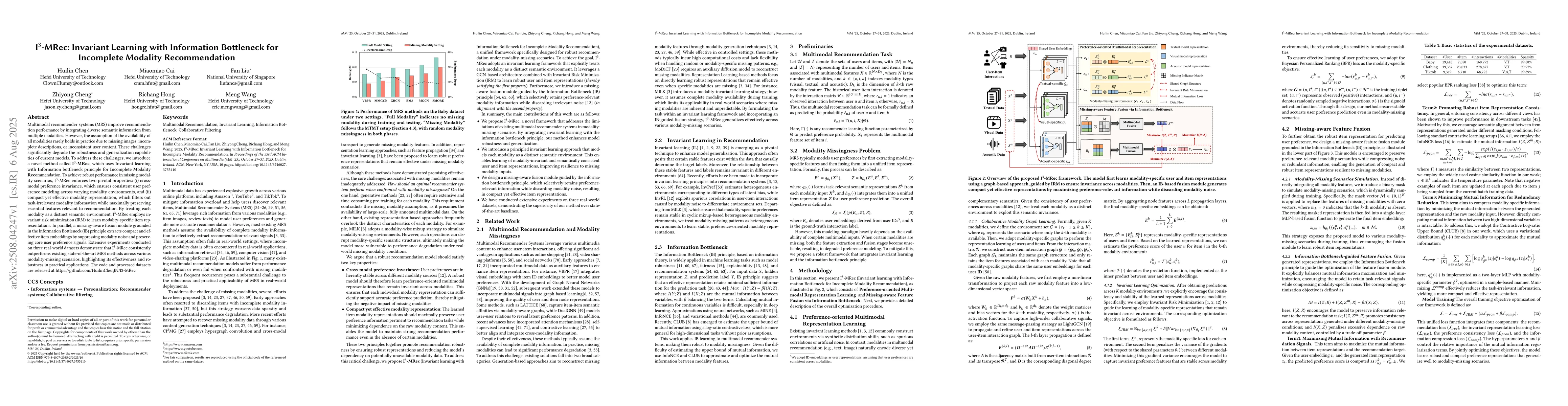 Thumbnail for I$^3$-MRec: Invariant Learning with Information Bottleneck for
  Incomplete Modality Recommendation