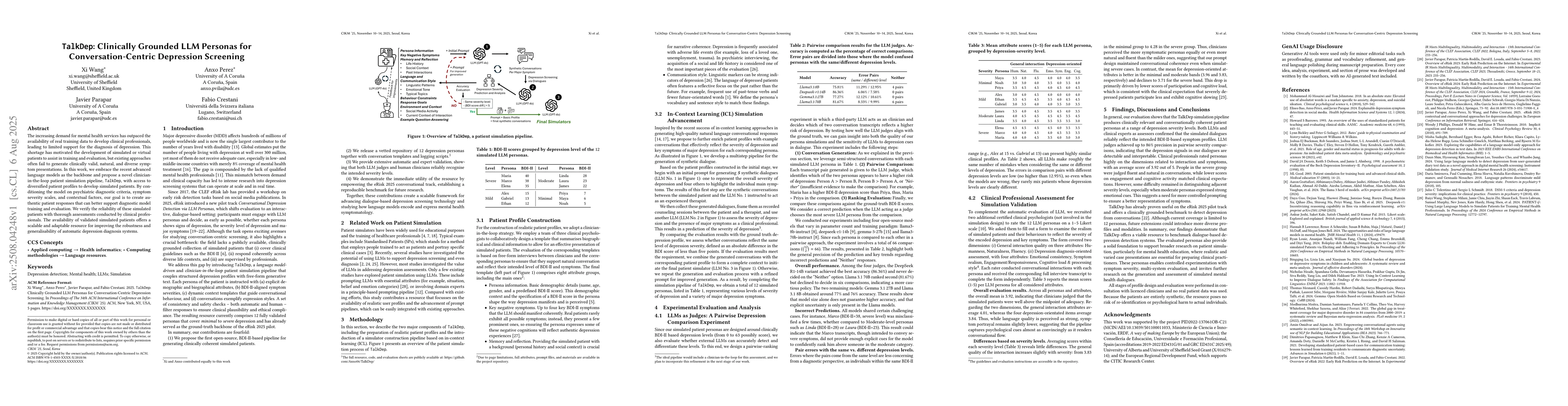 Thumbnail for TalkDep: Clinically Grounded LLM Personas for Conversation-Centric
  Depression Screening