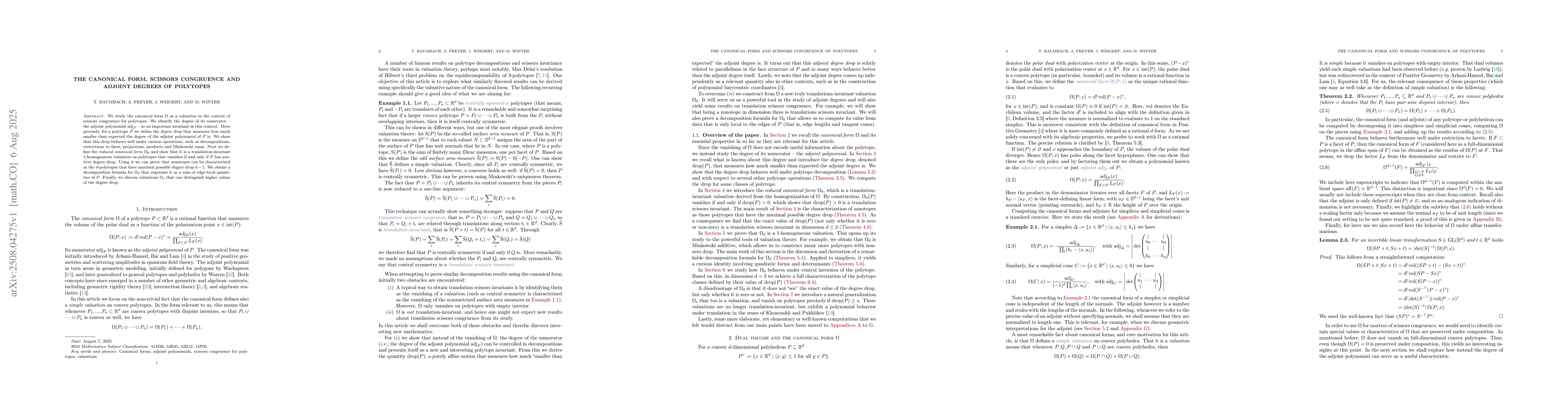 Thumbnail for The canonical form, scissors congruence and adjoint degrees of polytopes