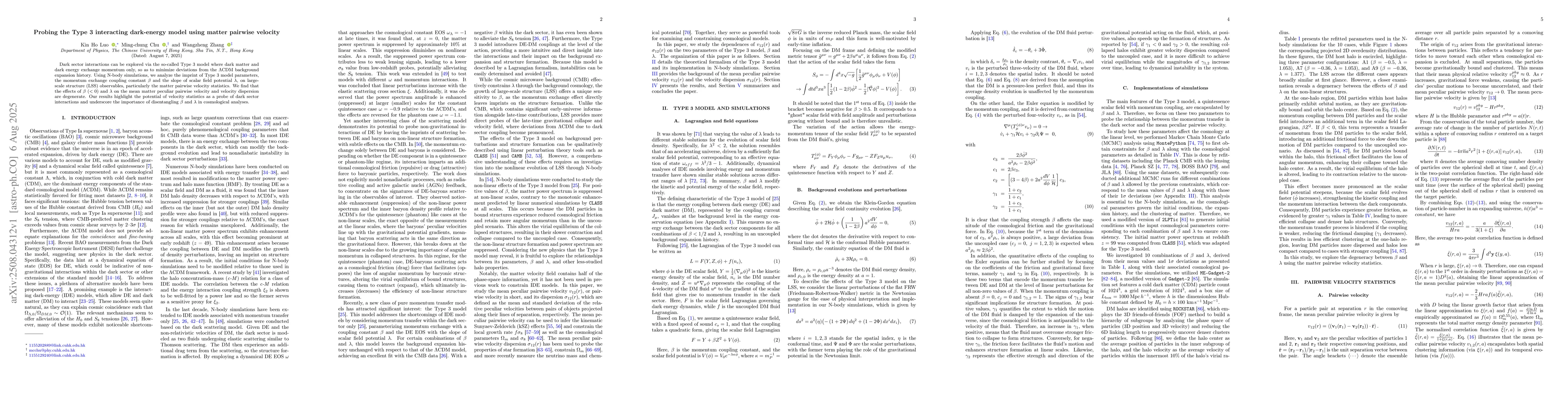 Thumbnail for Probing the Type 3 interacting dark-energy model using matter pairwise
  velocity