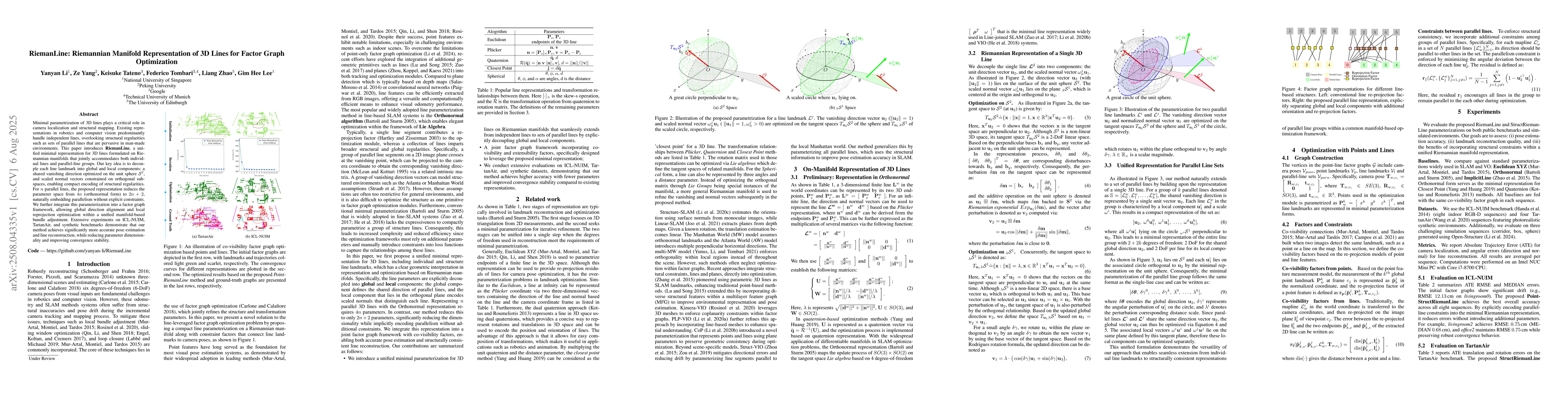 Thumbnail for RiemanLine: Riemannian Manifold Representation of 3D Lines for Factor
  Graph Optimization