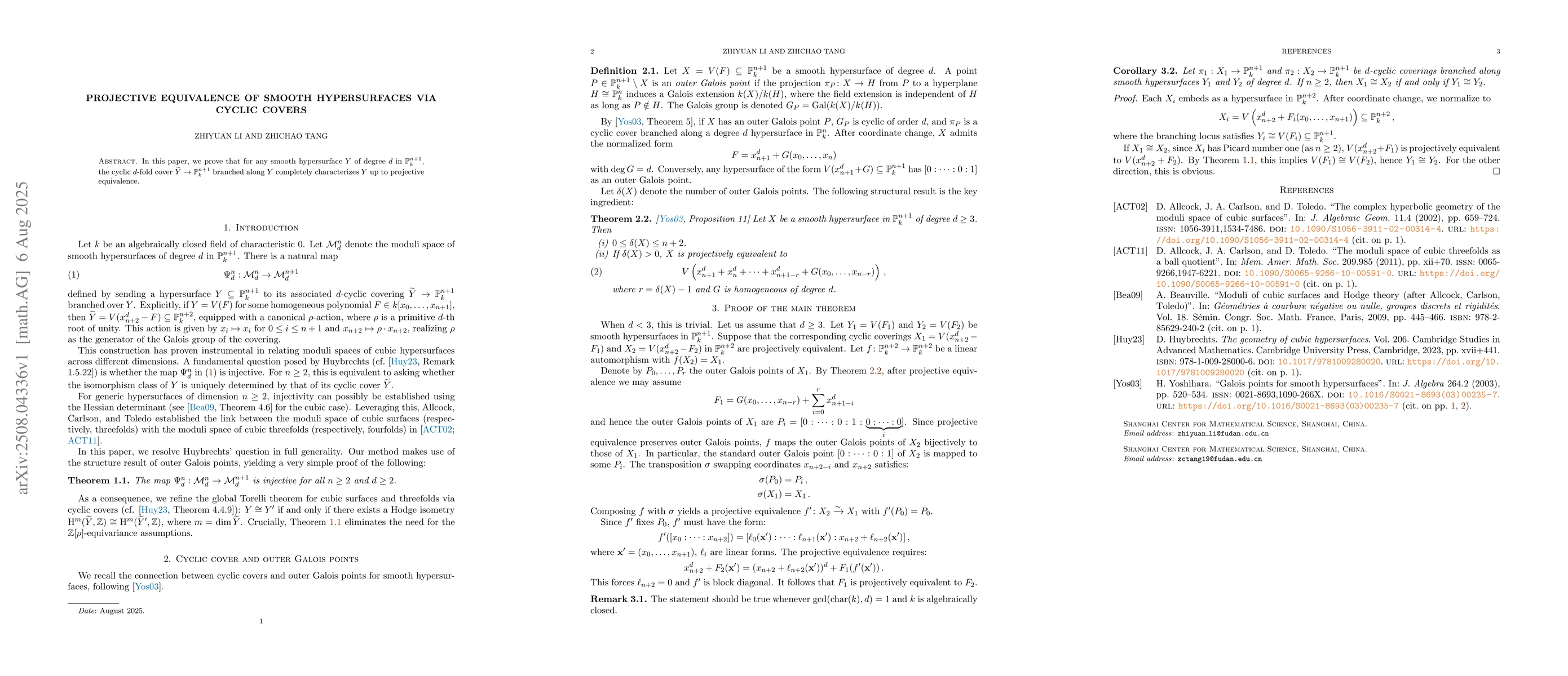 Thumbnail for Projective Equivalence of Smooth Hypersurfaces via Cyclic Covers